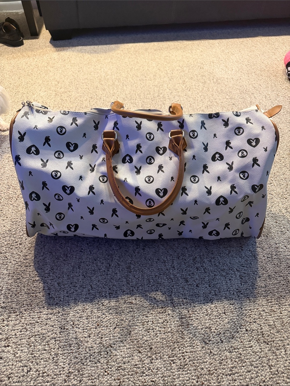 Playboy Monogram Black & White Travel Duffel Bag with Tan Trim